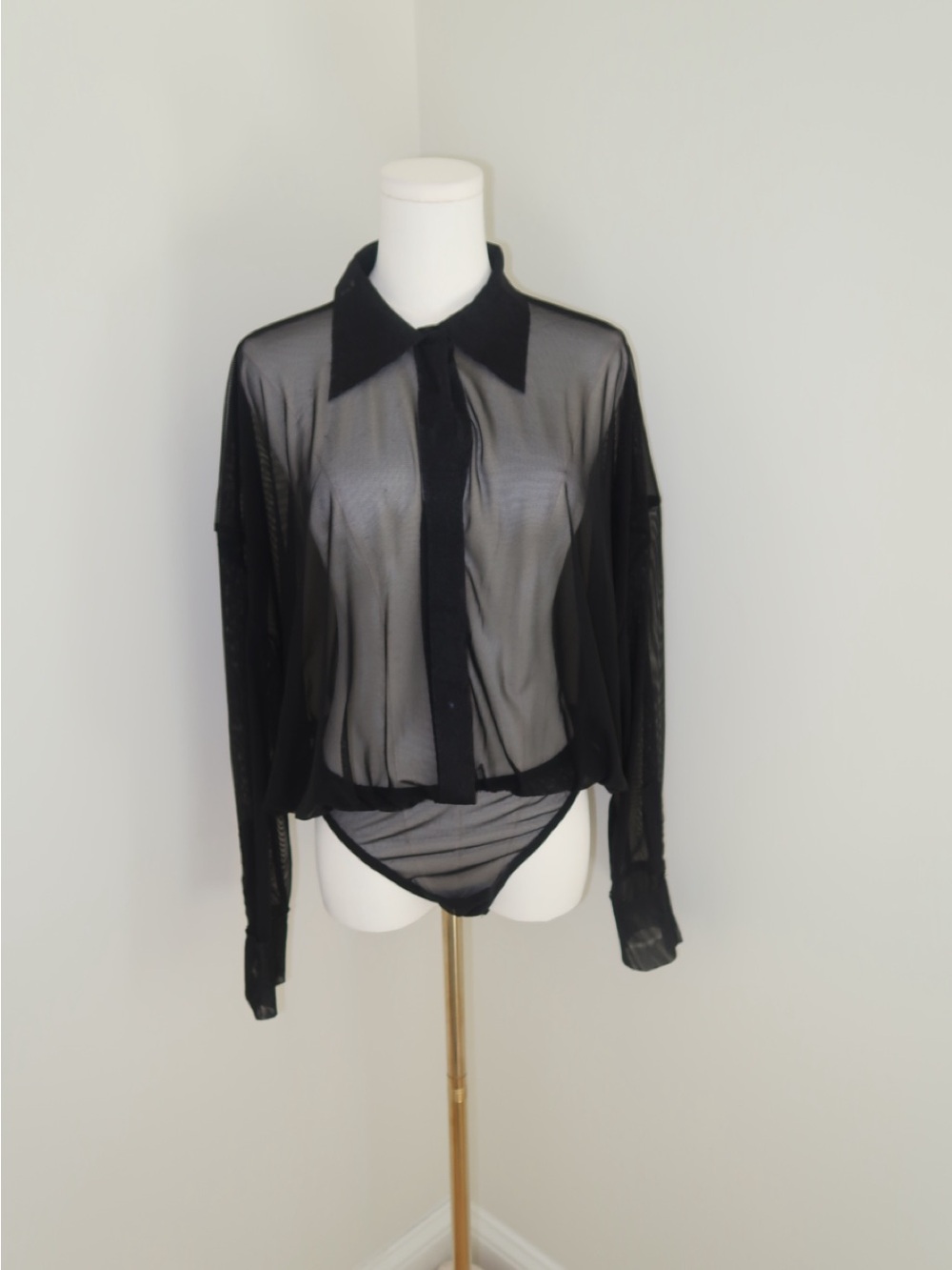 Norma Kamali Sheer Black Collared Long-Sleeve Bodysuit